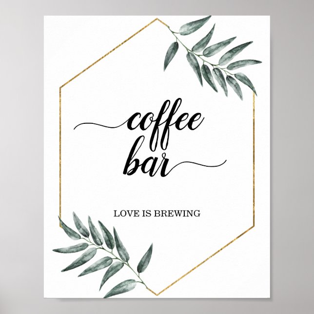 Affiche Watercolor Greenery Leaves Coffee Bar Wedding Sign (Devant)