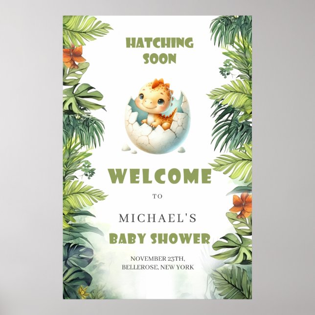 Affiche Watercolor hatching soon baby dino welcome sign (Devant)