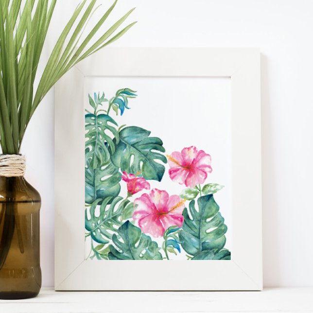 Affiche Watercolor Hibiscus and Monstera Leaves (Hibiscus flower and monstera palm leaves watercolor print by Victoria Grigaliunas of Do Tell A Belle)