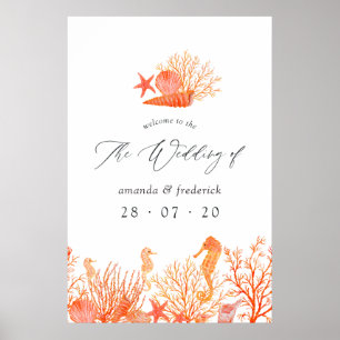 Affiche Watercolor Living Coral Beach Mariage Bienvenue