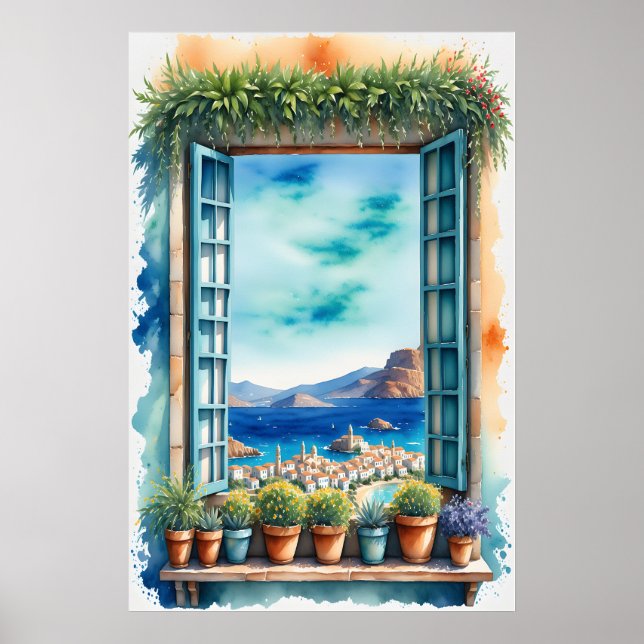 Affiche Watercolor Mediterranean Window View Coastal Ville (Devant)
