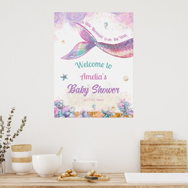 Affiche Watercolor Mermaid Tail Welcome Ocean Girl (Cuisine)