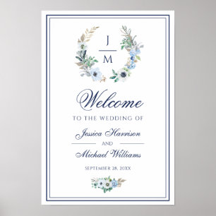 Affiche Watercolor Monogram Floral Wreath Wedding Welcome