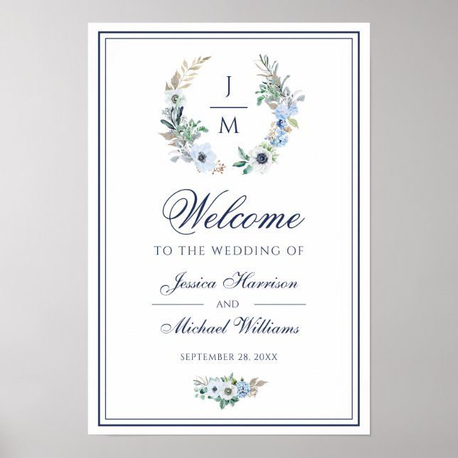 Affiche Watercolor Monogram Floral Wreath Wedding Welcome (Devant)