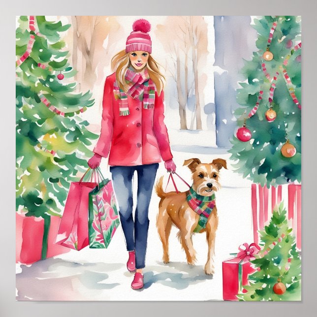 Affiche Watercolor Noël Fashion Shopping Girl (Devant)