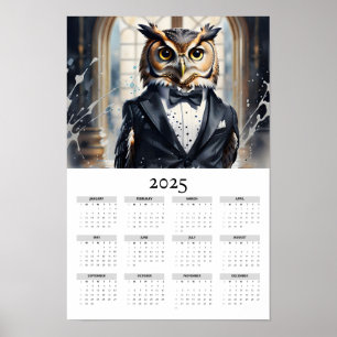 Affiche Watercolor Owl Tuxedo Bow Cravate 2025 Wall Calend