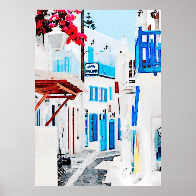 Affiche Watercolor Painting of Mykonos (Devant)