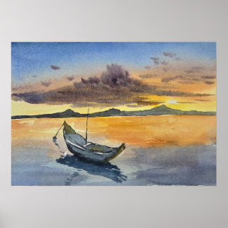 Affiche Watercolor Painting Sunset scene 