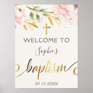 Affiche Watercolor Pink And Gold Baptism Welcome
