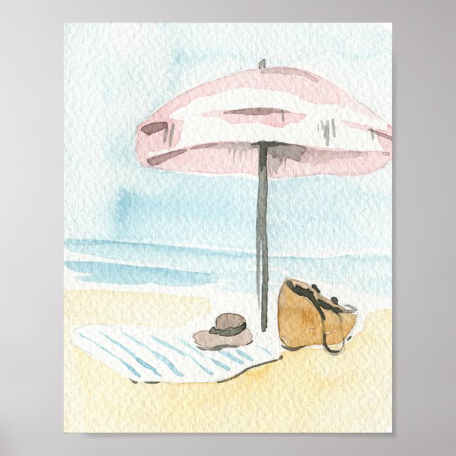 Affiche Watercolor Pink Beach Umbrella Coastal  (Devant)