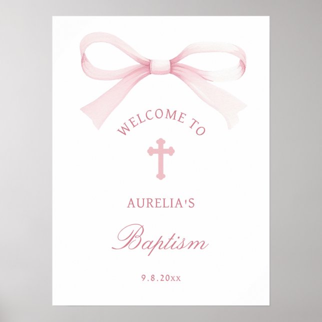 Affiche Watercolor Pink Bow Baptism Welcome (Devant)