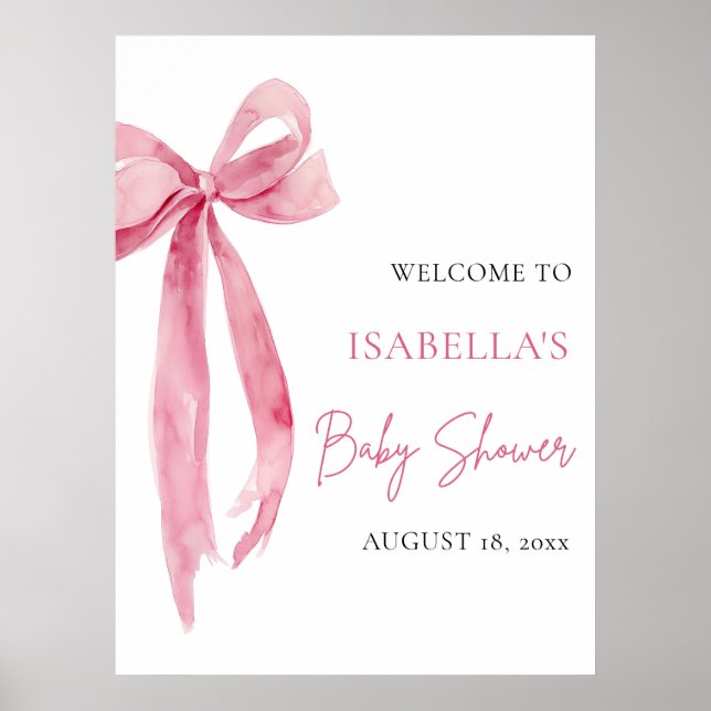 Affiche Watercolor Pink Bow Coquette Baby Shower Welcome (Devant)