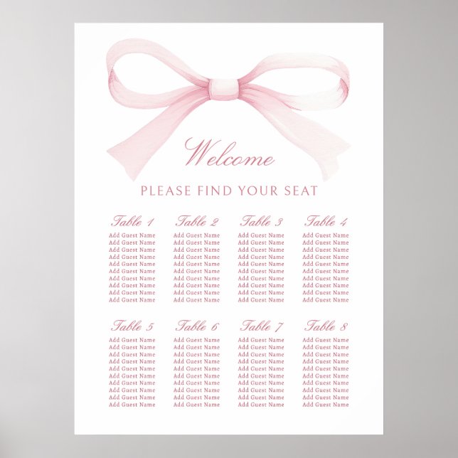 Affiche Watercolor Pink Bow Seating Chart (Devant)