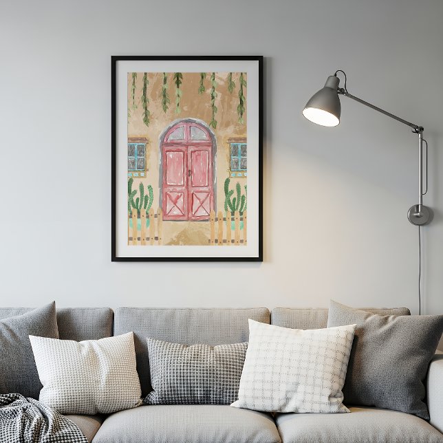 Affiche Watercolor Pink Door Rustic Facade (Créateur téléchargé)
