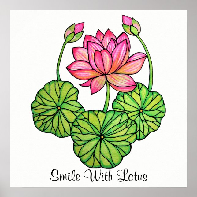 Affiche Watercolor Pink Lotus with Buds & Leaves (Devant)