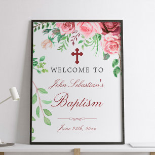 Affiche Watercolor Pink Roses Garden Baptism Welcome sign