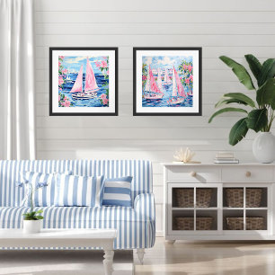 Affiche Watercolor Pink Sailboats Carré côtier tropical