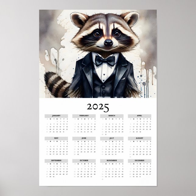 Affiche Watercolor Raccoon portant Tux 2025 Calendrier mur (Devant)