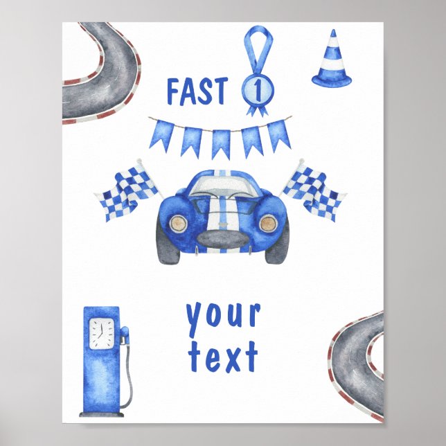 Affiche Watercolor Race Car Premier Anniversaire texte per (Devant)