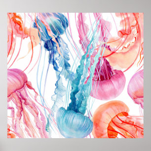 Affiche Watercolor Sea Life : Bubbles & Jellyfish