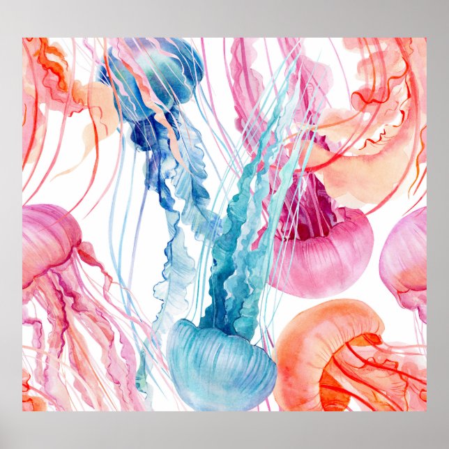 Affiche Watercolor Sea Life : Bubbles & Jellyfish (Devant)
