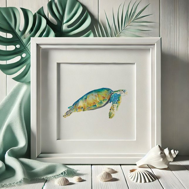 Affiche Watercolor Sea Turtle (Beach pictures watercolor sea turtle drawing by Victoria Grigaliunas of Do Tell A Belle)