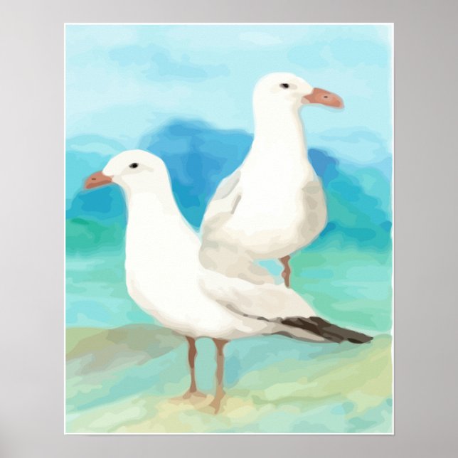 Affiche Watercolor Seagulls at the Beach Bird Nature Art (Devant)