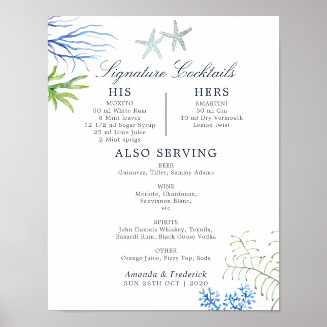 Affiche Watercolor Seaweed Beach Wedding Cocktails Menu (Devant)