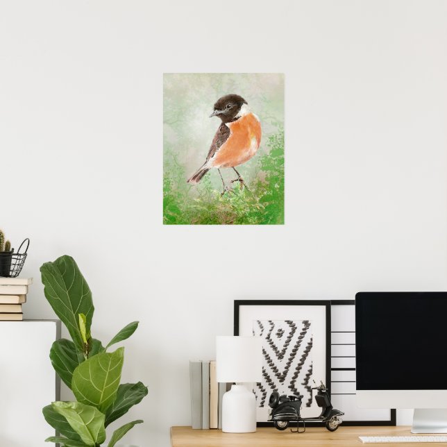 Affiche Watercolor Stonechat Bird  Nature Art (Bureau à domicile)