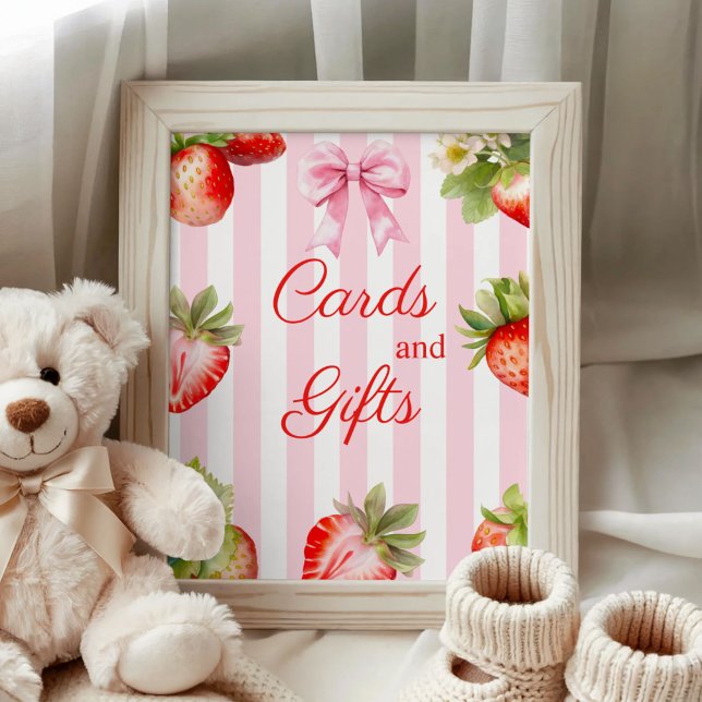 Affiche Watercolor Strawberries Baby Shower Cards & Gifts  (Strawberry Baby Shower Cards and Gifts Sign)