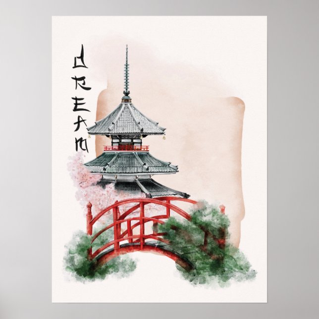 Affiche Watercolor Temple Red Bridge Art japonais (Devant)