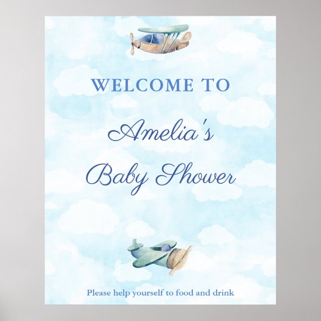 Affiche Watercolor Toy Plane Aviation Baby shower Bienvenu (Devant)