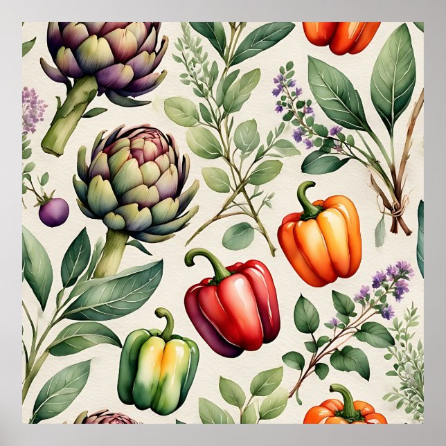 Affiche Watercolor Vegetable Garden Pattern (Devant)