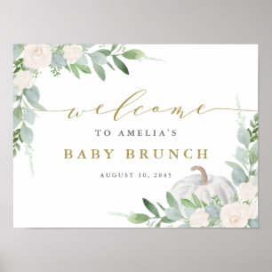 Affiche Watercolor White Pumpkin Greenery Fall Baby Brunch