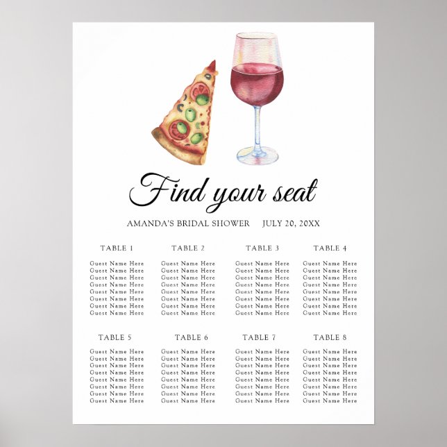 Affiche Watercolor Wine & Pizza Wedding seating chart (Devant)