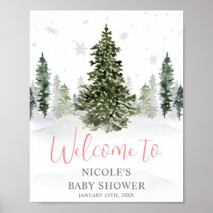 Affiche Watercolor Winter Forest Baby shower rose Bienvenu