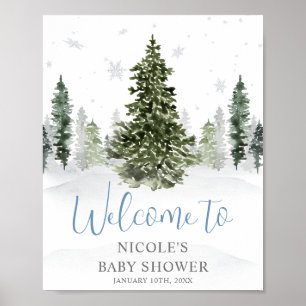Affiche Watercolor Winter Forest Blue Baby shower Bienvenu