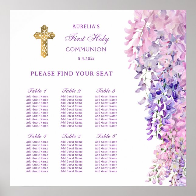 Affiche Watercolor Wisteria First Communion Seating Chart (Devant)