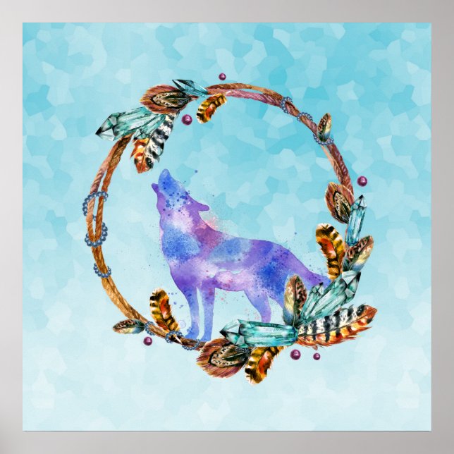 Affiche Watercolor Wolf Howling in a Boho Style Wreath (Devant)