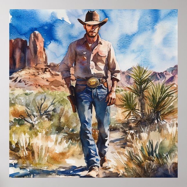 Affiche Watercolour Cowboy in Desert (Devant)