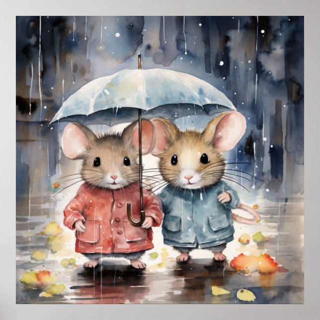 Affiche Watercolour Mice in The Rain (Devant)