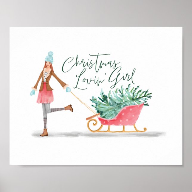 Affiche Waterolor Christmas Lovin' Girl Pulling Sleigh (Devant)