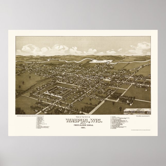 Affiche Waupun, WI Carte Panoramique - 1885 (Devant)
