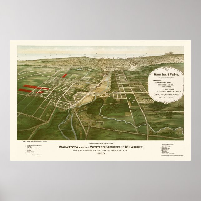 Affiche Wauwatosa, WI Carte panoramique - 1892 (Devant)