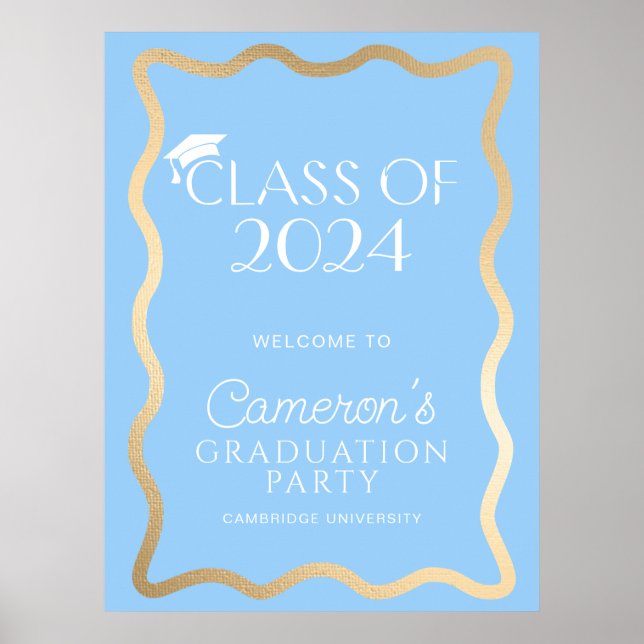 Affiche Wave Sky Blue Gold Graduation Party Bienvenue (Devant)