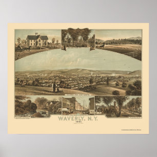 Affiche Waverly, NY Carte panoramique - 1881