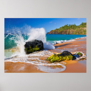 Affiche Waves crash on the beach, Hawaii