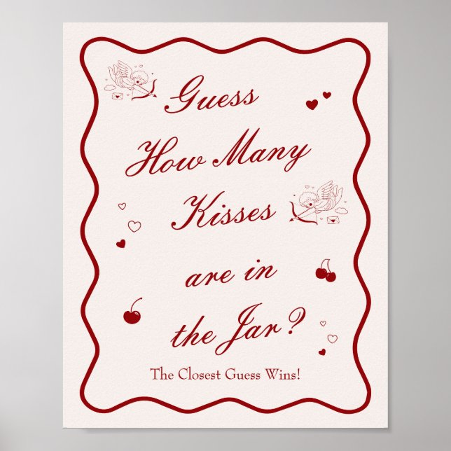 Affiche Wavy Cherry Bridal Shower Guess How Many Kisses (Devant)