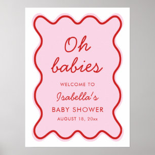 Affiche Wavy Moderne Curvy Retro Baby shower rose et rouge
