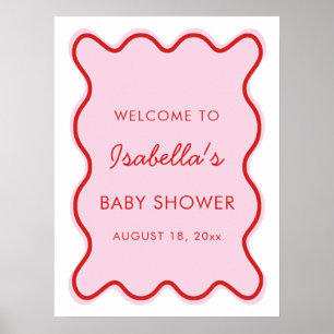 Affiche Wavy Moderne Curvy Retro Baby shower rose et rouge